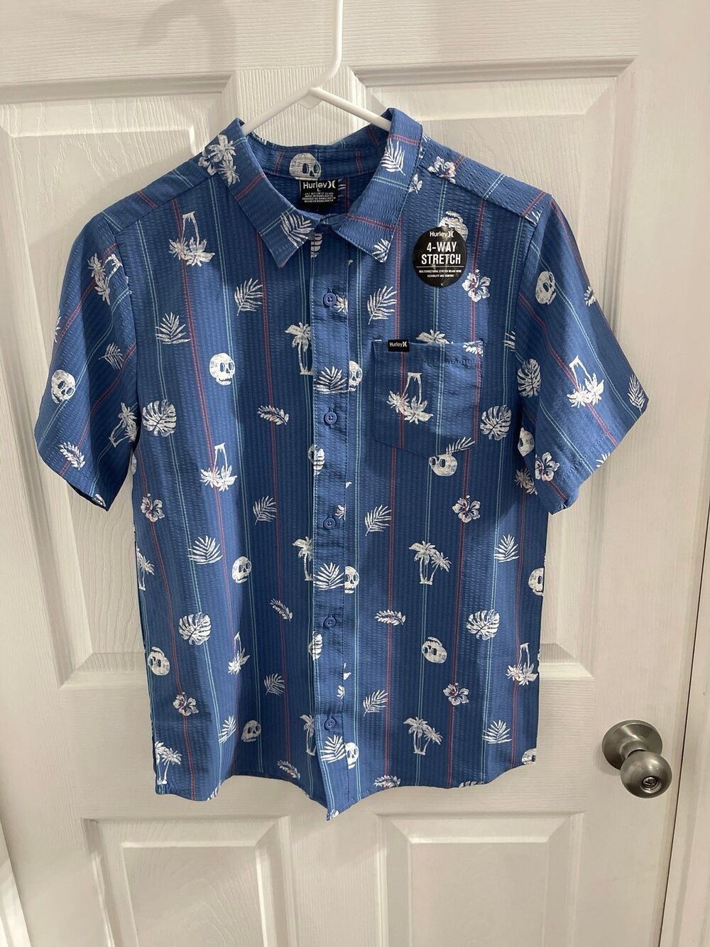 Hurley Palm and Skull Print Woven Shirt Size L Blue New With Tags